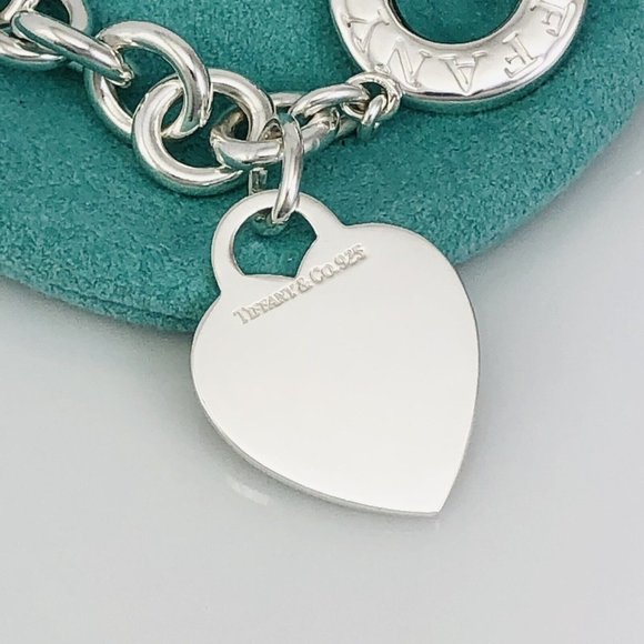 Large 9" Tiffany & Co Sterling Silver Blank Heart Tag Toggle Charm Bracelet - Picture 2 of 6
